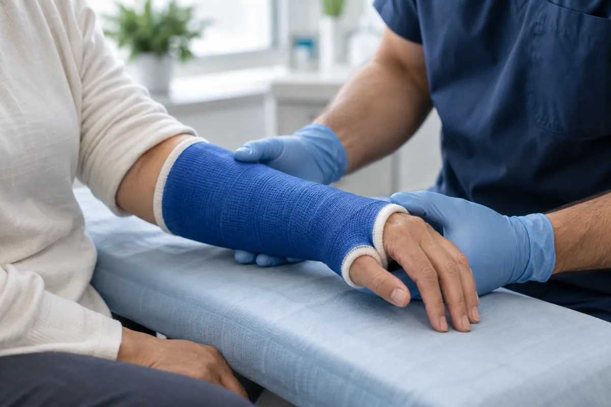 Illustration of a clinician supporting a patient’s wrist in a blue cast