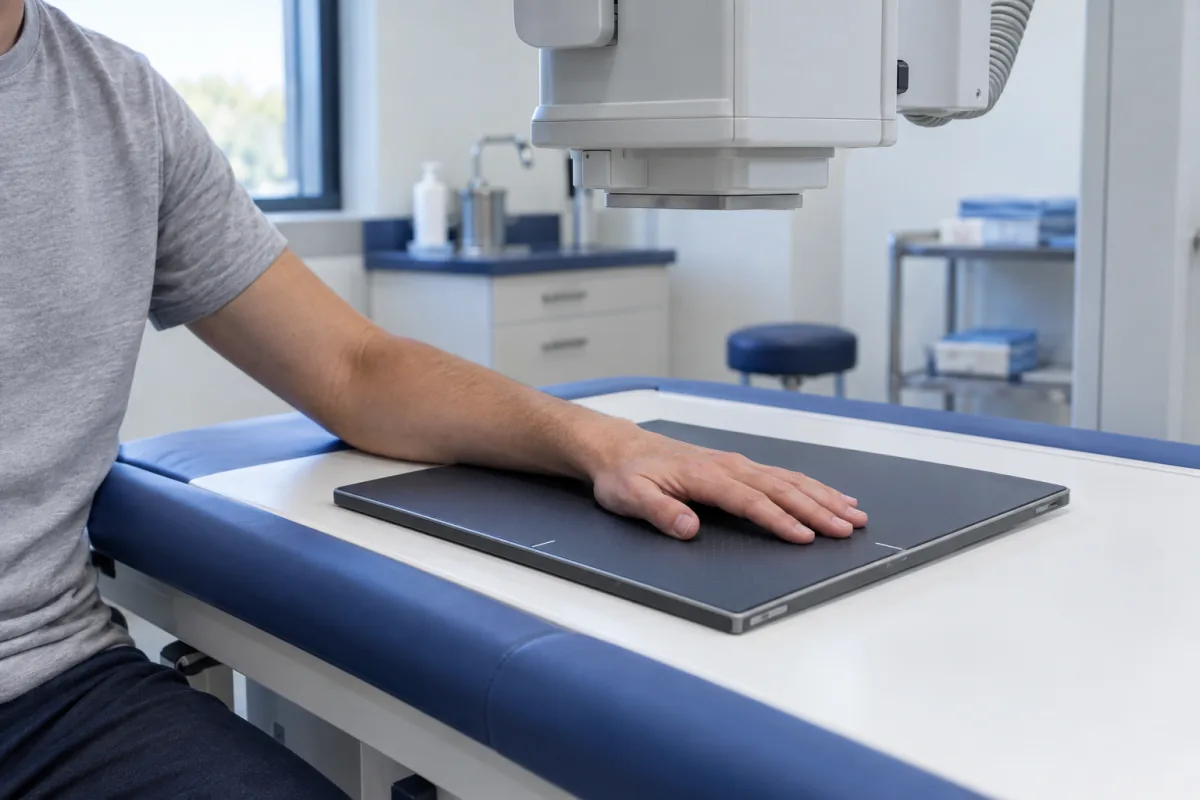 Illustration of a patient’s wrist positioned beneath X-ray equipment